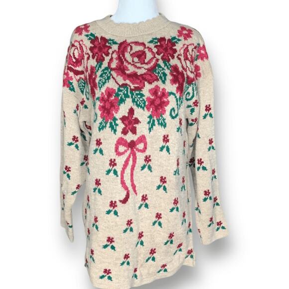 Vintage 90s Sweater Tan Burgundy Floral Bow Knit Design Scalloped Neck Coquette - Picture 2 of 10